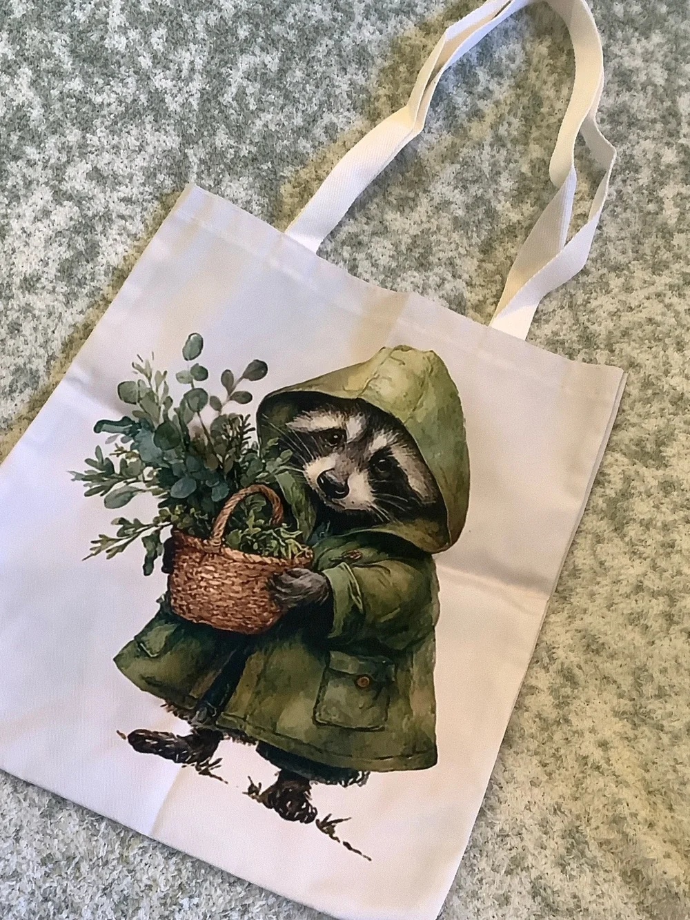 Foraging Raccoon Poly Canvas Tote Bag NWT 13.5x16”